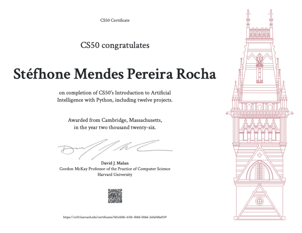 Diploma Harvard CS50AI — Stéfhone Rocha